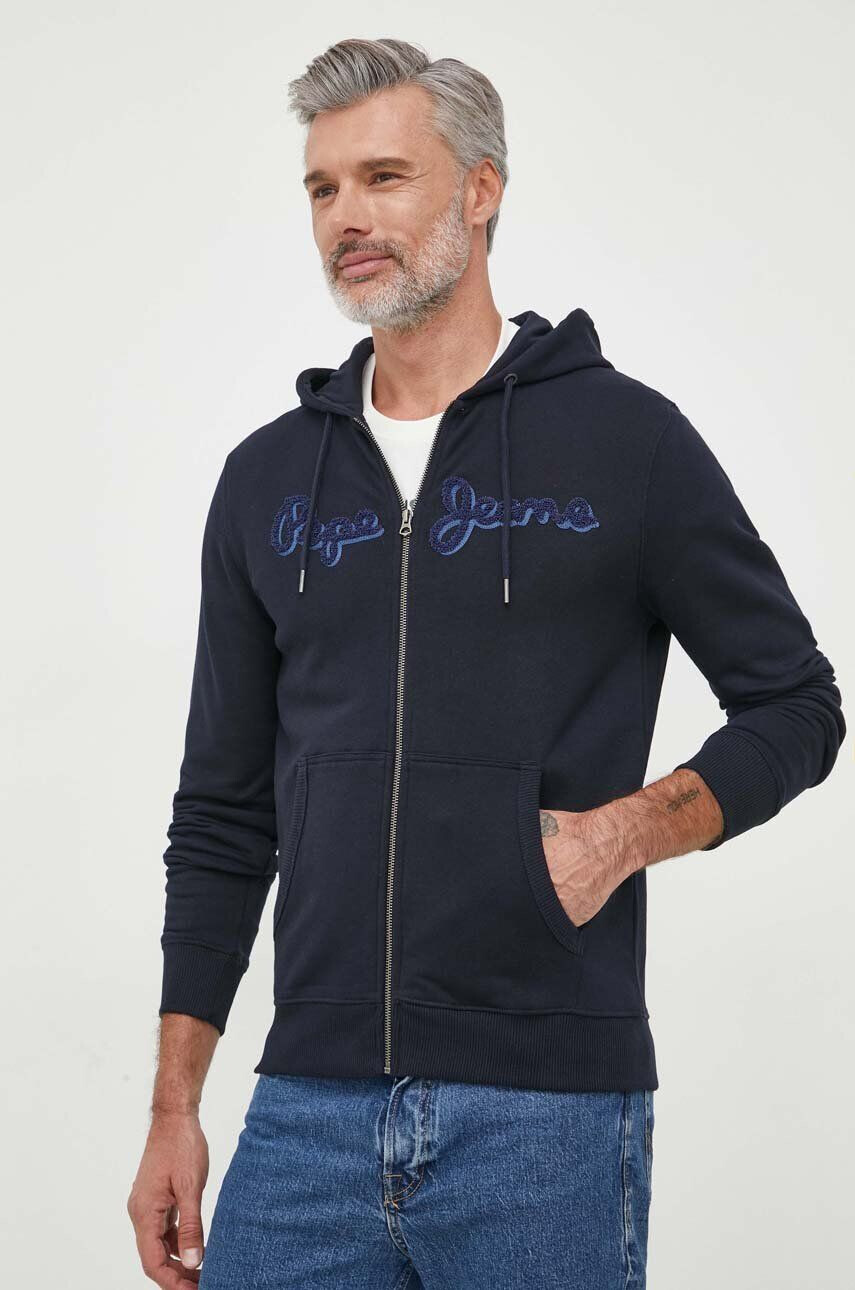 Pepe Jeans hanorac de bumbac RYAN barbati culoarea albastru marin cu glugă cu imprimeu - Pled.ro