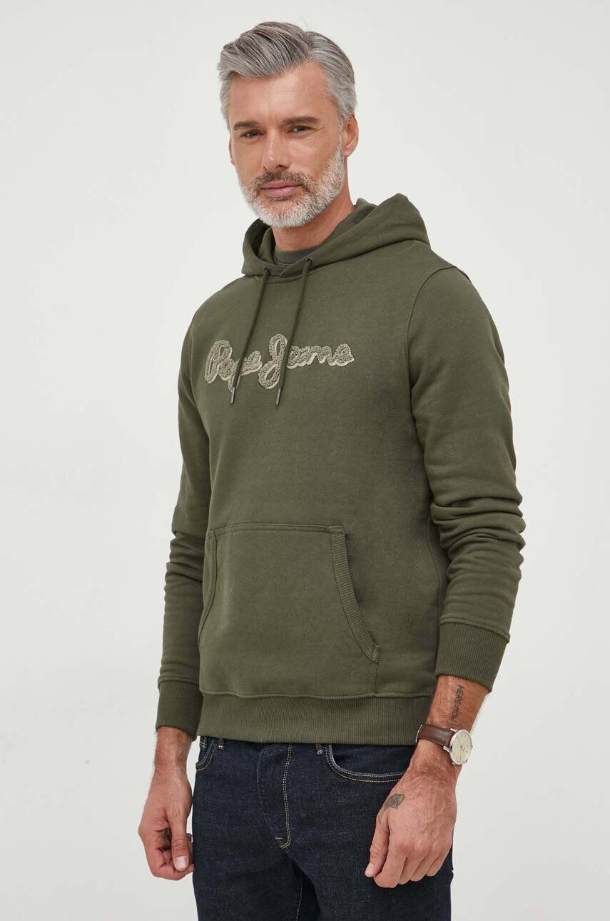 Pepe Jeans hanorac de bumbac RYAN barbati culoarea verde cu glugă cu imprimeu - Pled.ro