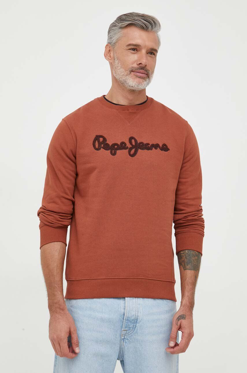 Pepe Jeans hanorac de bumbac Ryan barbati culoarea maro cu imprimeu - Pled.ro