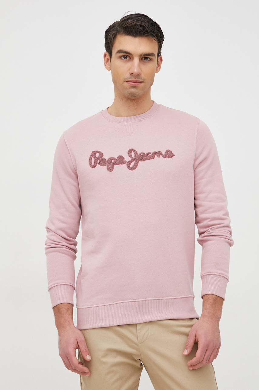 Pepe Jeans hanorac de bumbac Ryan Crew barbati culoarea roz cu imprimeu - Pled.ro