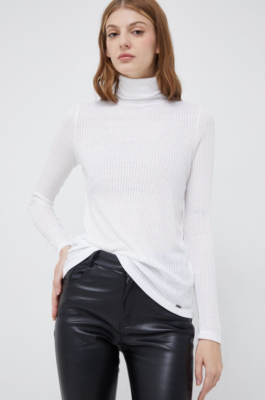 Pepe Jeans longsleeve femei culoarea alb cu guler - Pled.ro