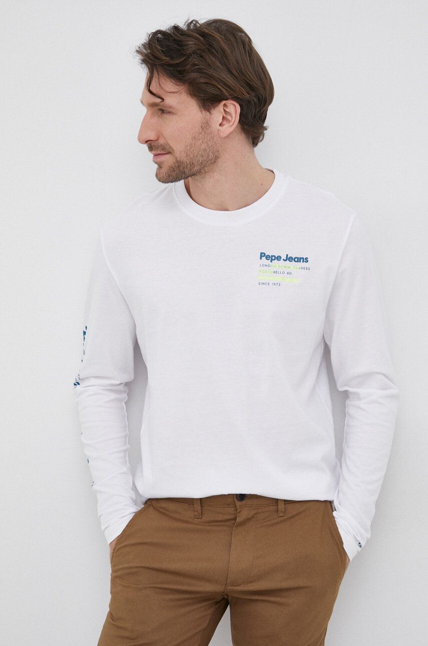 Pepe Jeans Longsleeve din bumbac culoarea alb cu imprimeu - Pled.ro