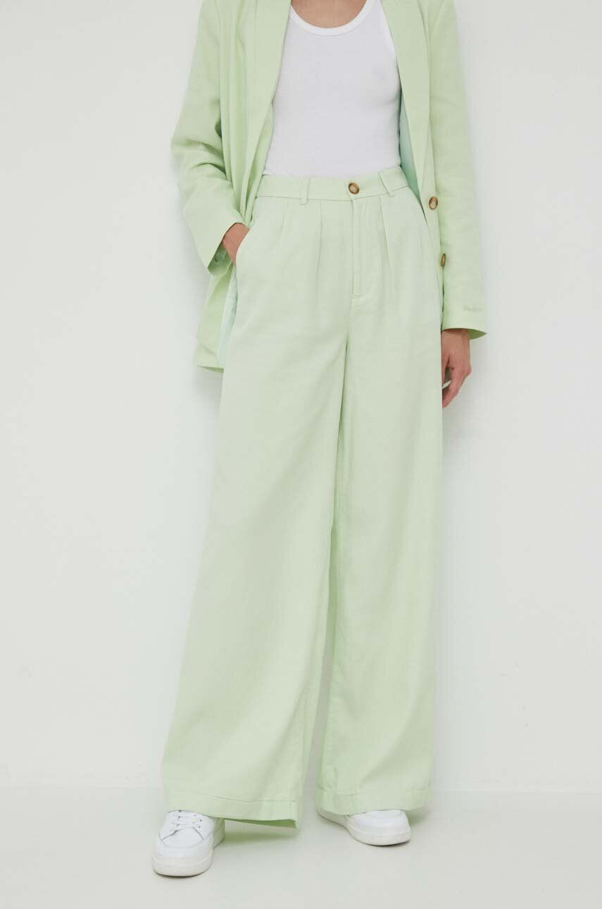 Pepe Jeans pantaloni din amestec de in Monna culoarea verde drept high waist - Pled.ro