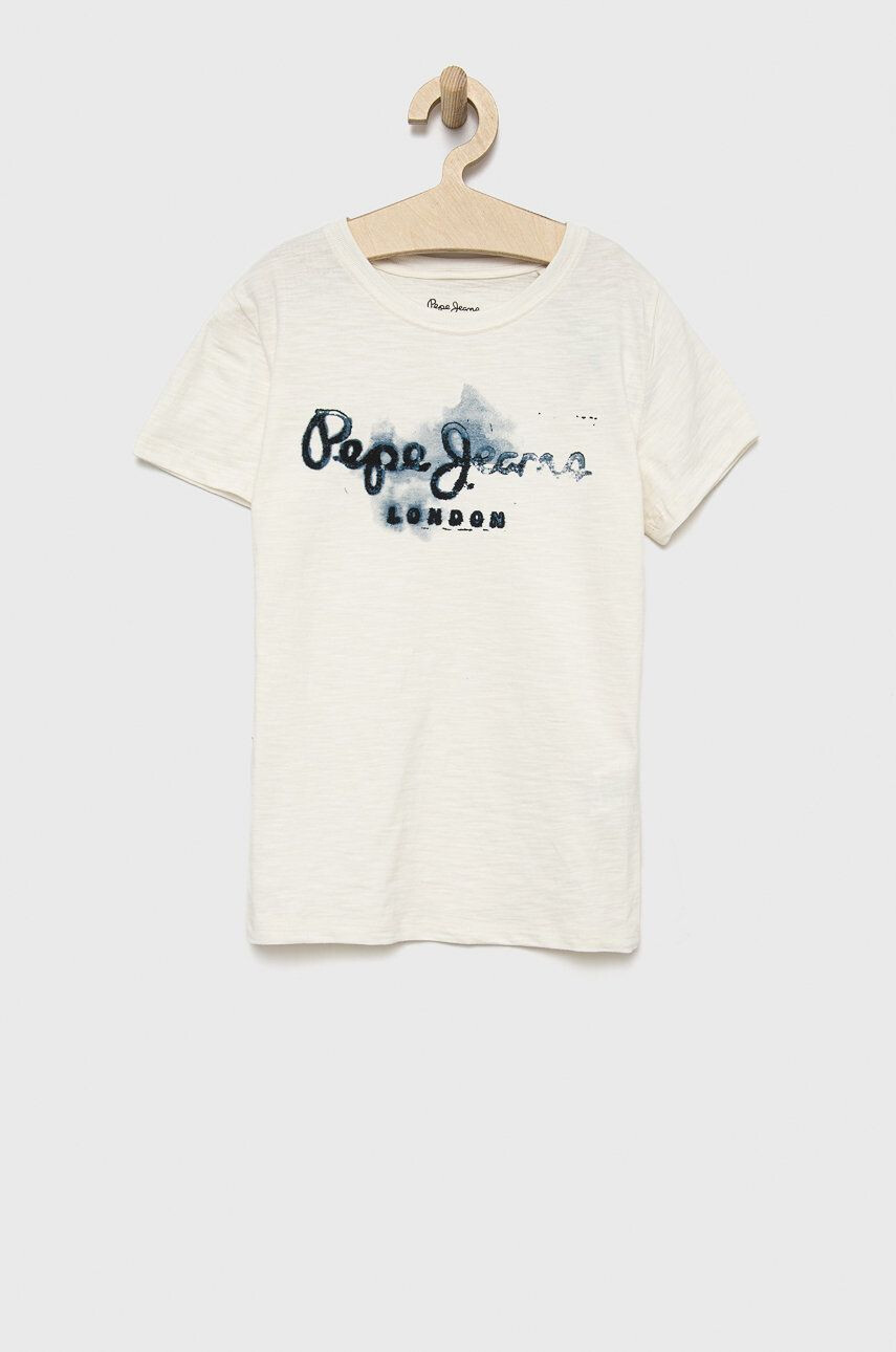 Pepe Jeans tricou de bumbac pentru copii culoarea bej cu imprimeu - Pled.ro