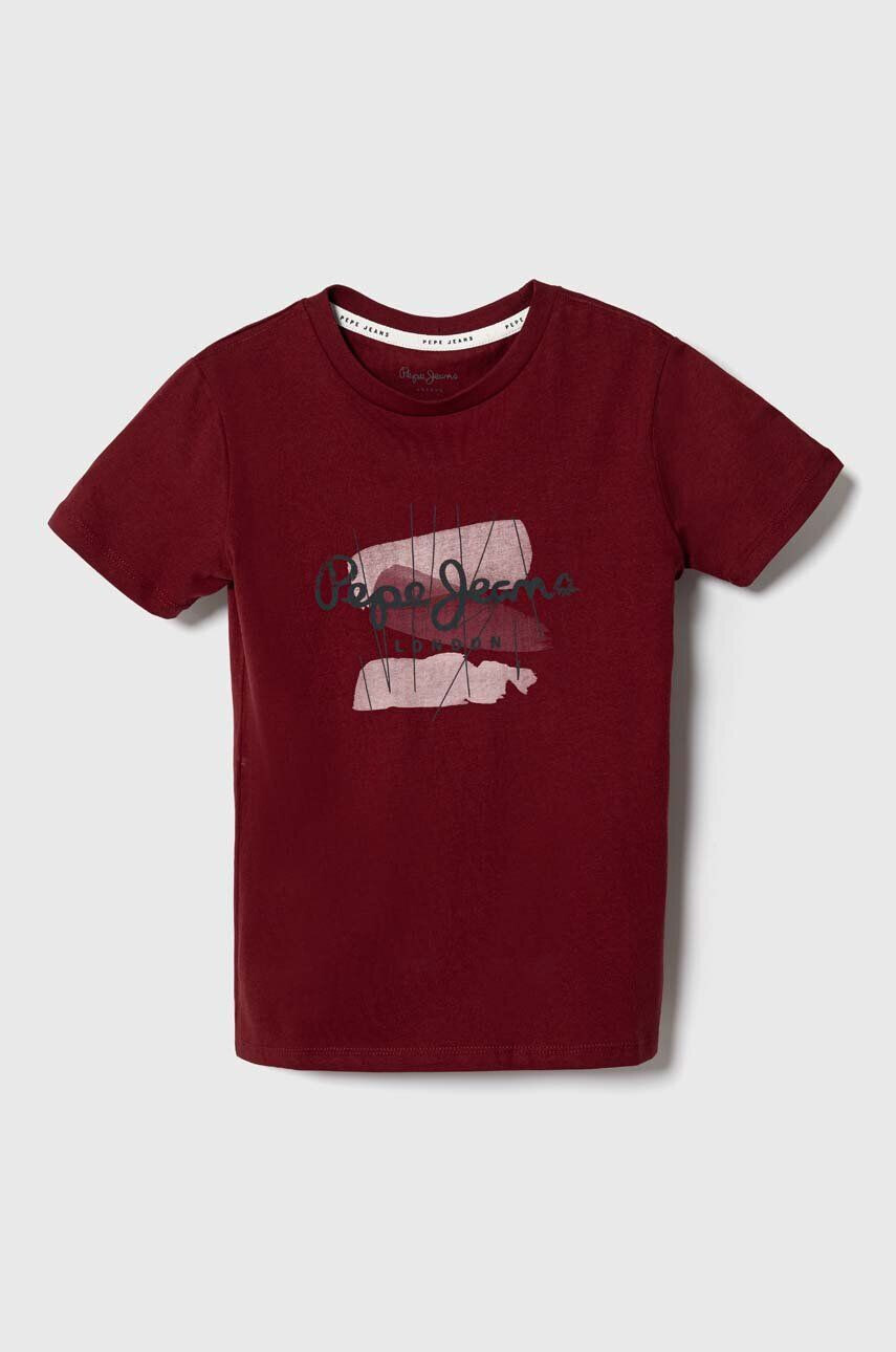 Pepe Jeans tricou de bumbac pentru copii culoarea bordo cu imprimeu - Pled.ro