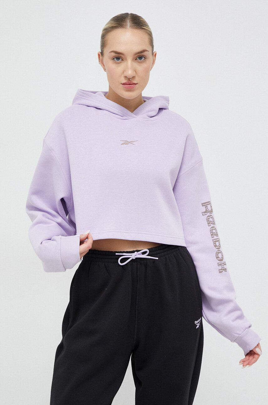 Reebok bluza femei culoarea violet cu glugă cu imprimeu - Pled.ro