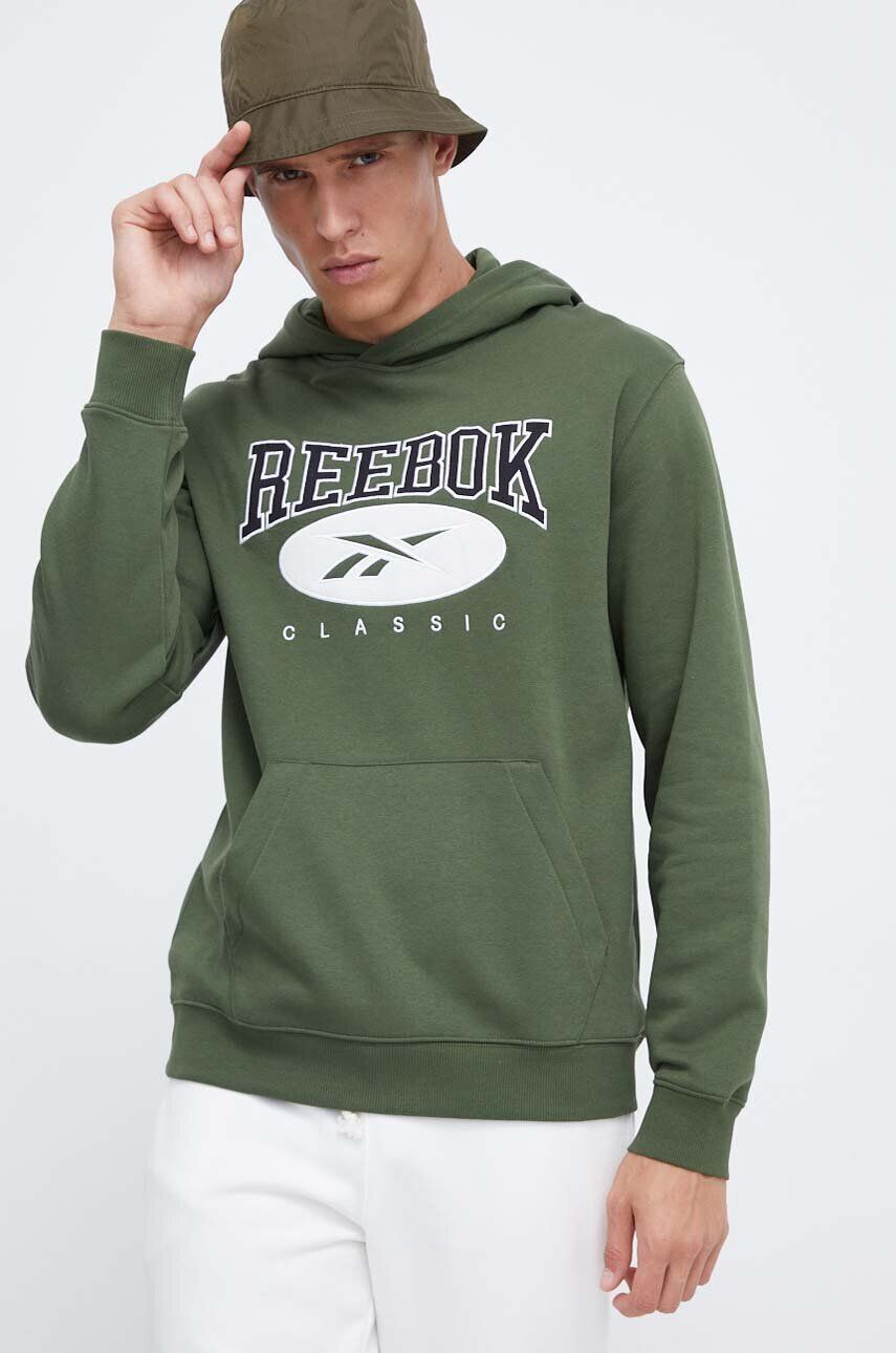 Reebok Classic bluza barbati culoarea verde cu glugă cu imprimeu - Pled.ro