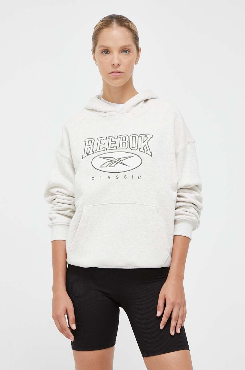 Reebok Classic hanorac de bumbac femei culoarea bej cu glugă cu imprimeu - Pled.ro