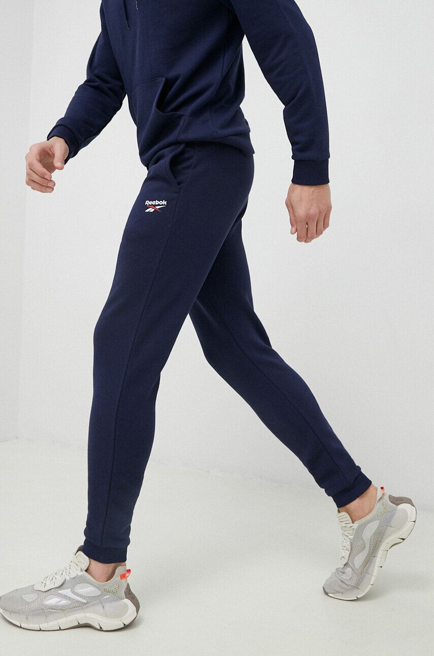 Reebok pantaloni de trening culoarea albastru marin neted - Pled.ro