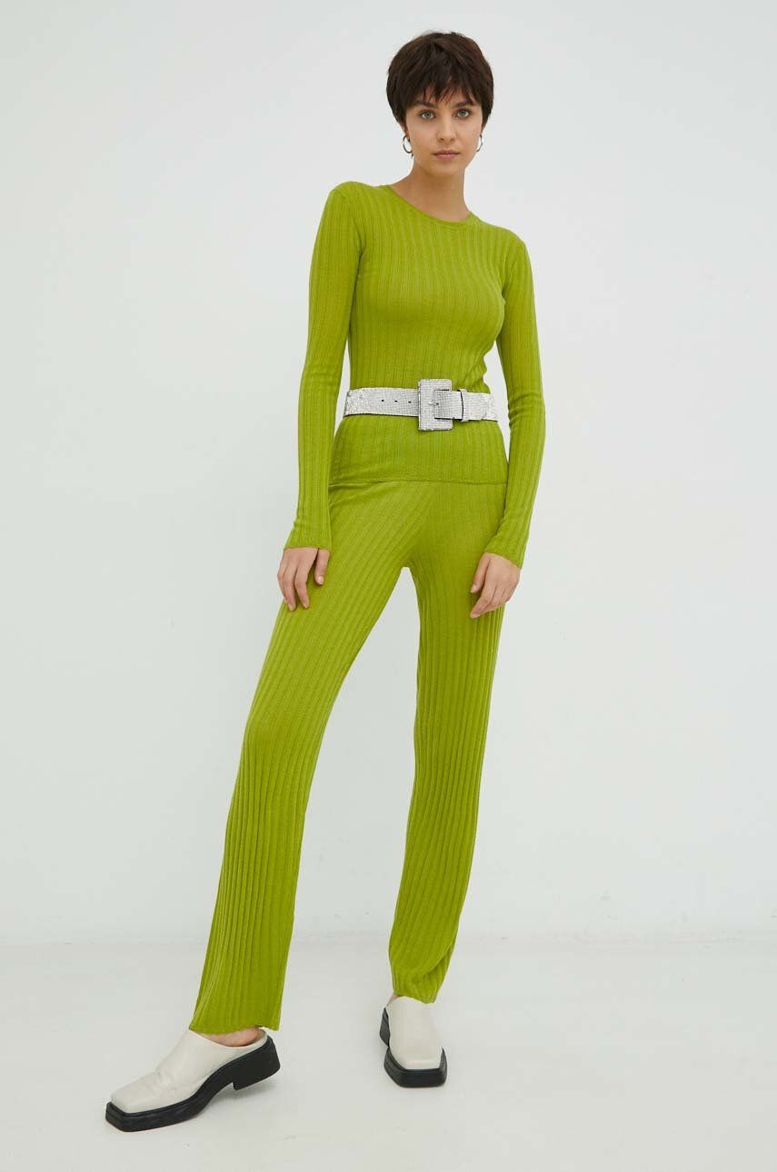 Resume Résumé pantaloni de lana femei culoarea verde drept high waist - Pled.ro