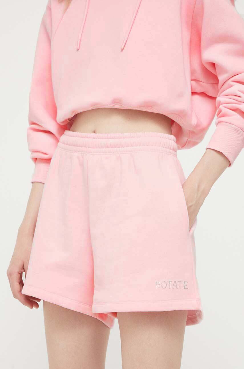 Rotate pantaloni scurti din bumbac culoarea roz cu imprimeu high waist - Pled.ro