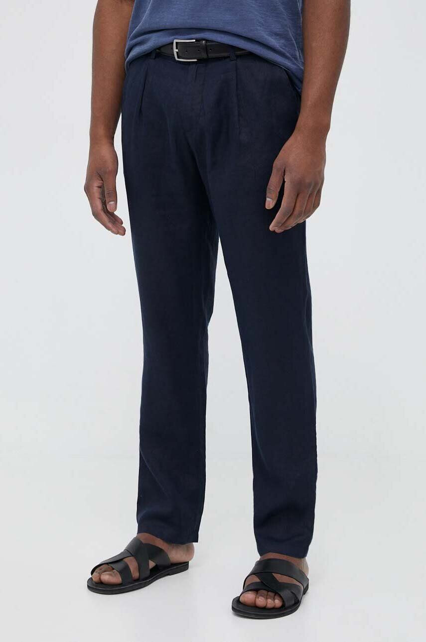 Sisley pantaloni din in culoarea albastru marin drept - Pled.ro