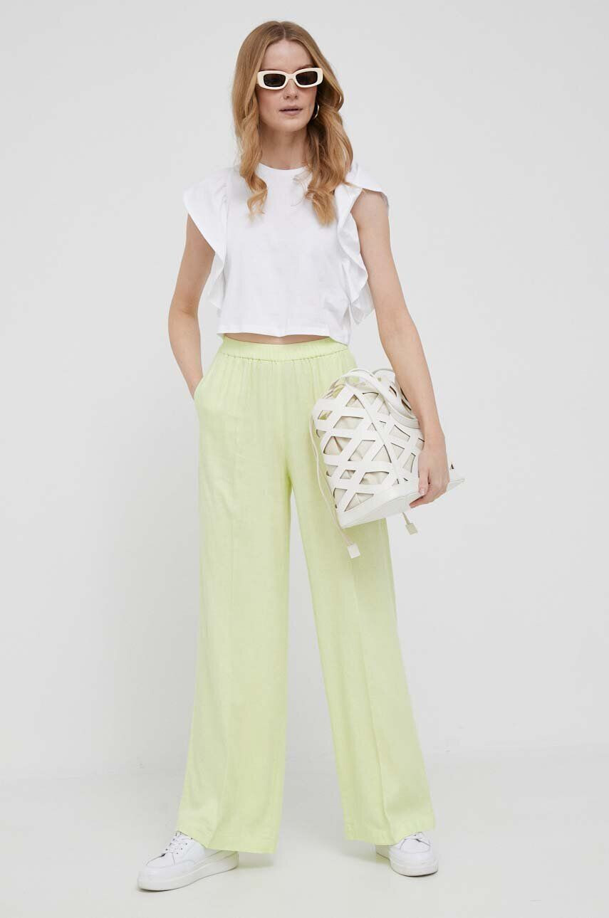 Sisley pantaloni din in culoarea galben lat high waist - Pled.ro