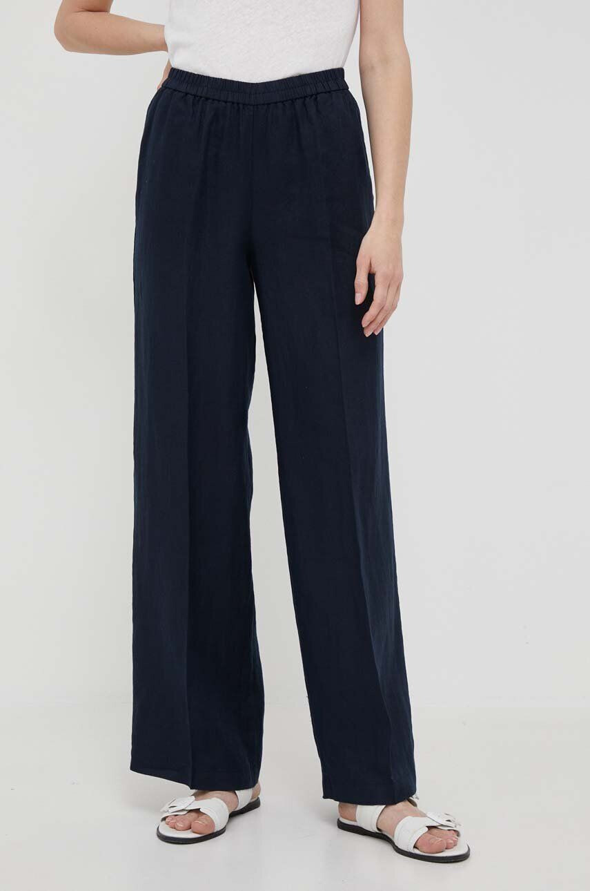 Sisley pantaloni din in culoarea albastru marin lat high waist - Pled.ro