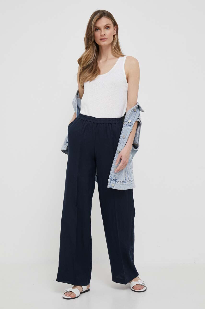 Sisley pantaloni din in culoarea albastru marin lat high waist - Pled.ro