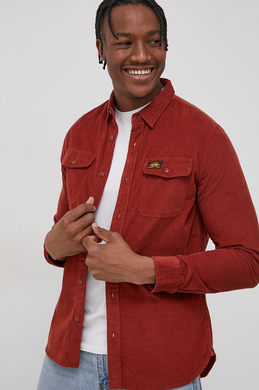 Superdry Cămașă din velur bărbați culoarea maro cu guler button-down regular - Pled.ro