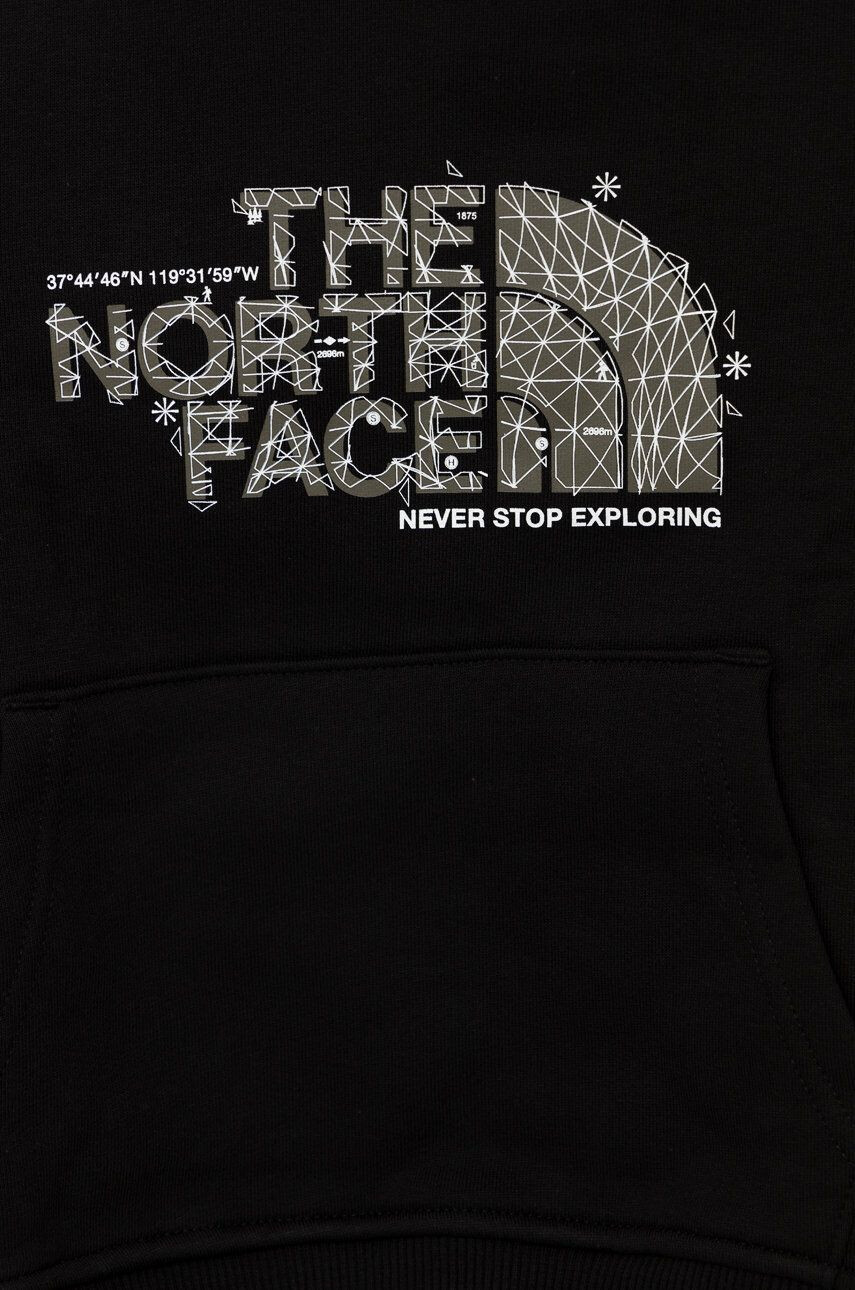 The North Face hanorac de bumbac pentru copii culoarea negru cu glugă cu imprimeu - Pled.ro