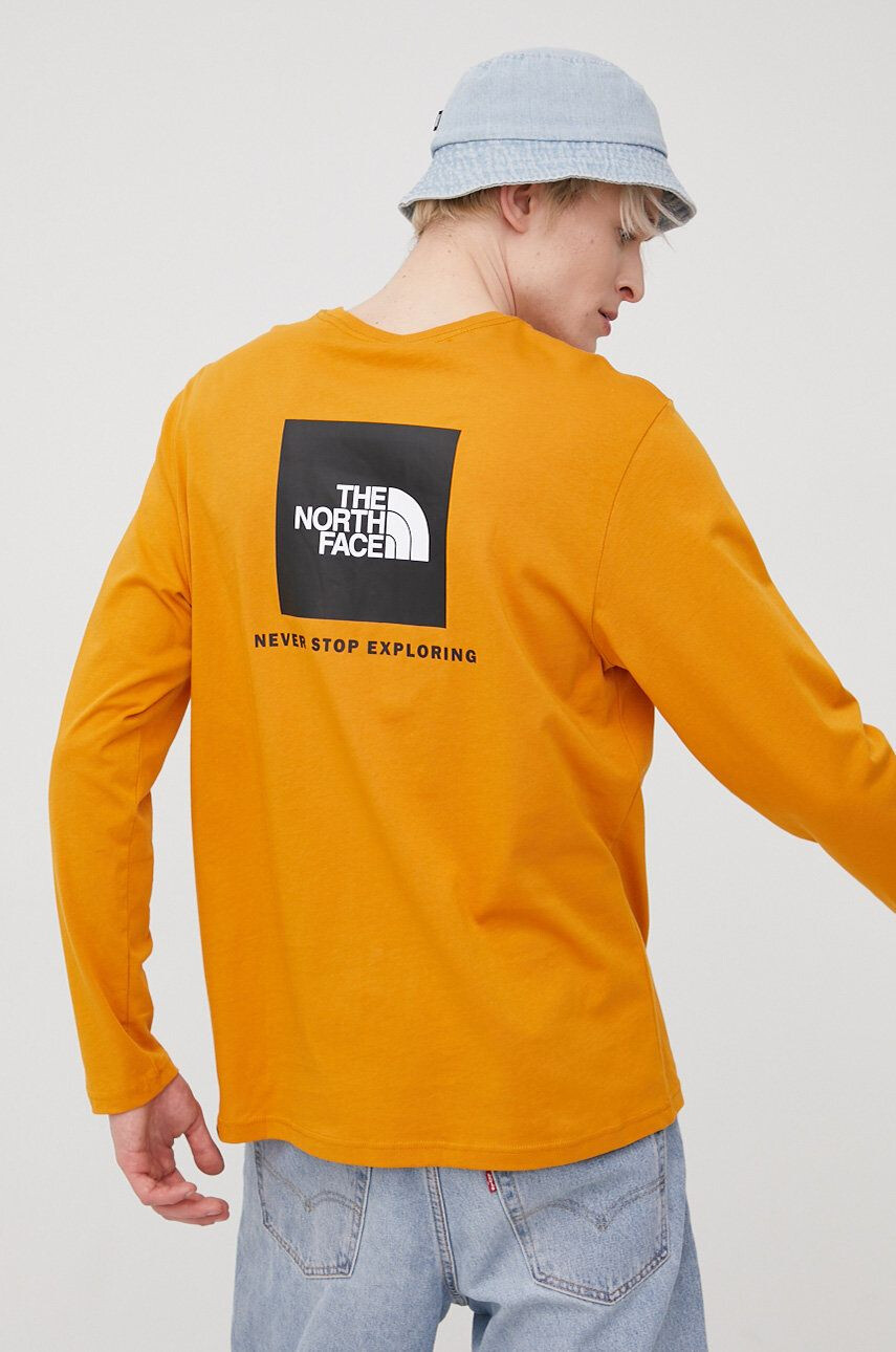 The North Face longsleeve din bumbac culoarea portocaliu cu imprimeu - Pled.ro