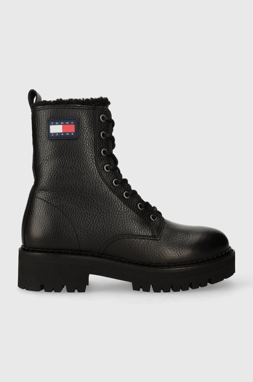 Tommy Jeans bocanci de piele TJW URBAN BOOT TUMBLED LTR WL femei culoarea negru cu toc plat izolat EN0EN02317 - Pled.ro