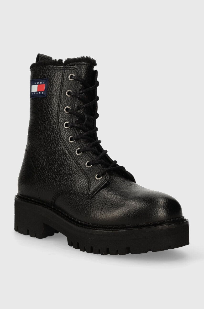 Tommy Jeans bocanci de piele TJW URBAN BOOT TUMBLED LTR WL femei culoarea negru cu toc plat izolat EN0EN02317 - Pled.ro