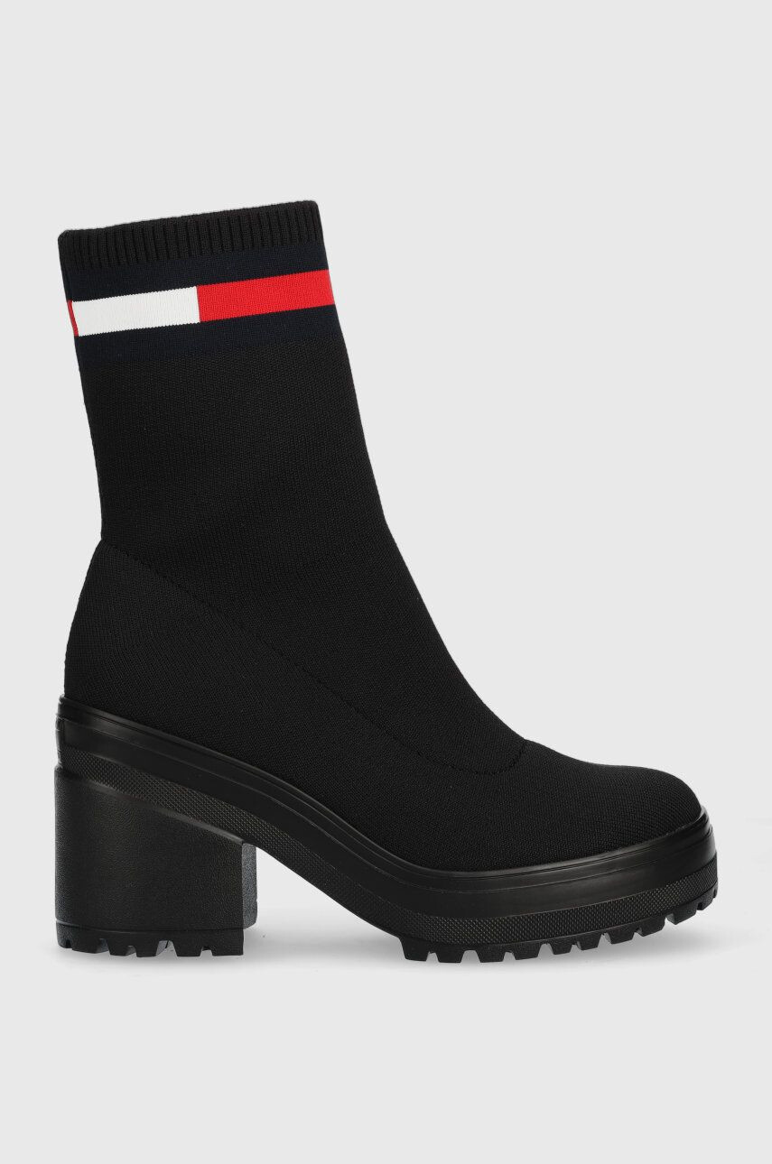 Tommy Jeans botine Water Resistent Knitted Boot femei culoarea negru cu toc drept - Pled.ro