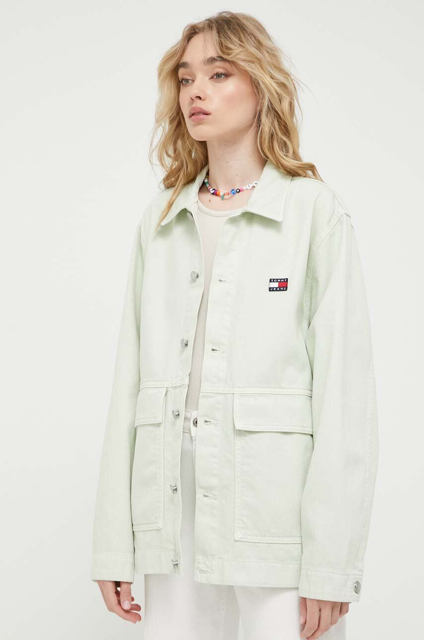 Tommy Jeans geaca jeans femei culoarea verde de tranzitie oversize - Pled.ro