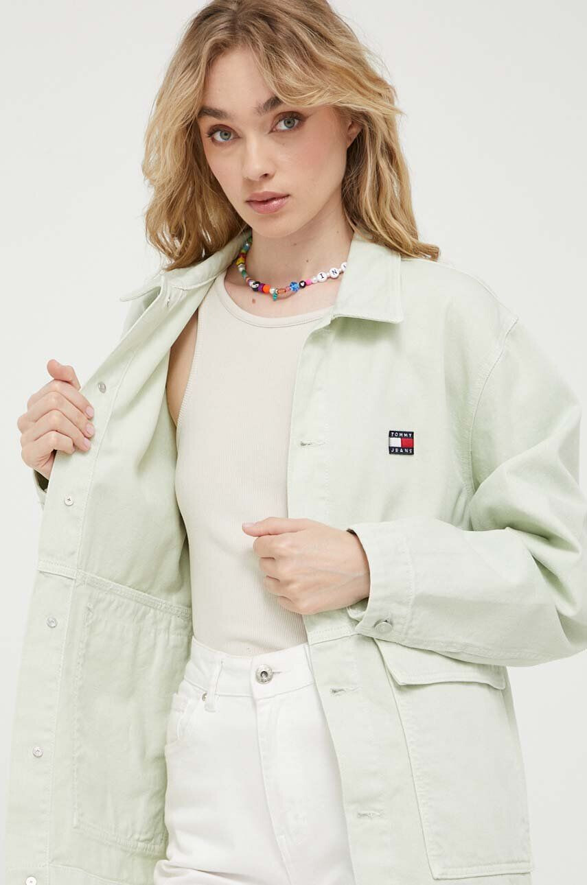 Tommy Jeans geaca jeans femei culoarea verde de tranzitie oversize - Pled.ro