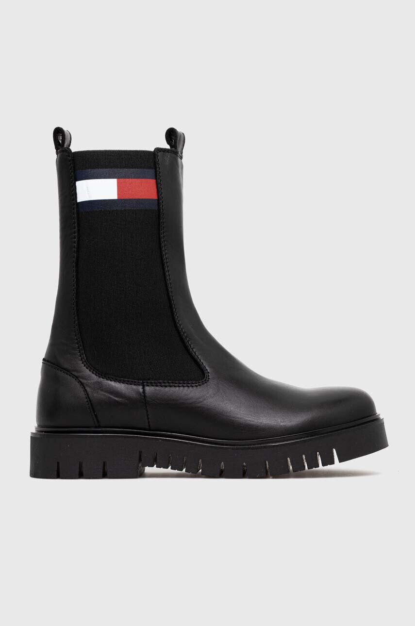 Tommy Jeans ghete chelsea de piele TJW LONG CHELSEA BOOT femei culoarea negru cu toc plat EN0EN02315 - Pled.ro