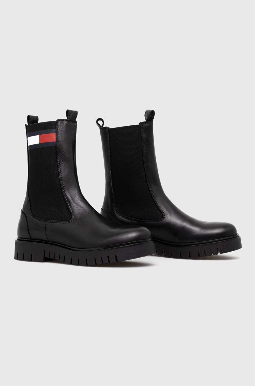 Tommy Jeans ghete chelsea de piele TJW LONG CHELSEA BOOT femei culoarea negru cu toc plat EN0EN02315 - Pled.ro