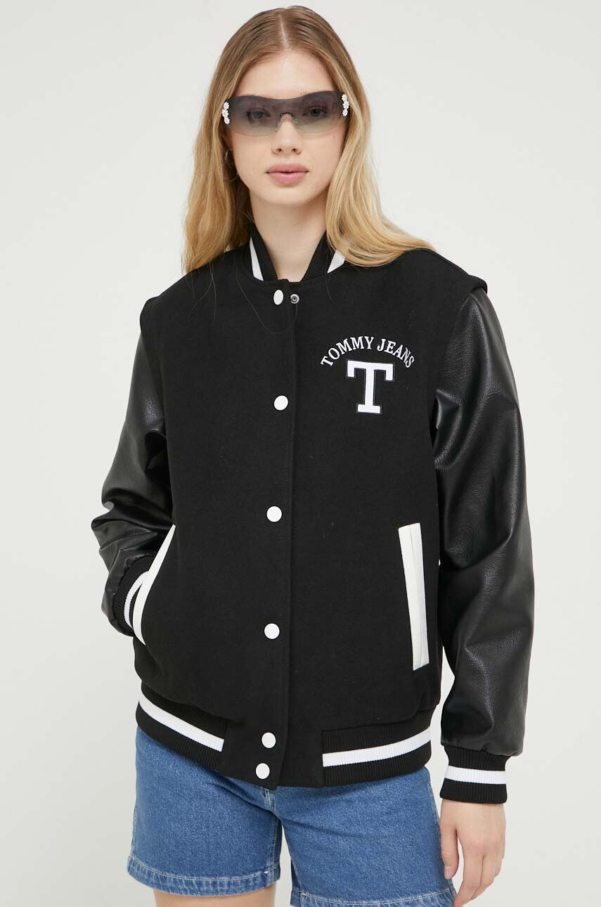 Tommy Jeans jacheta bomber din amestec de lana culoarea negru de tranzitie - Pled.ro