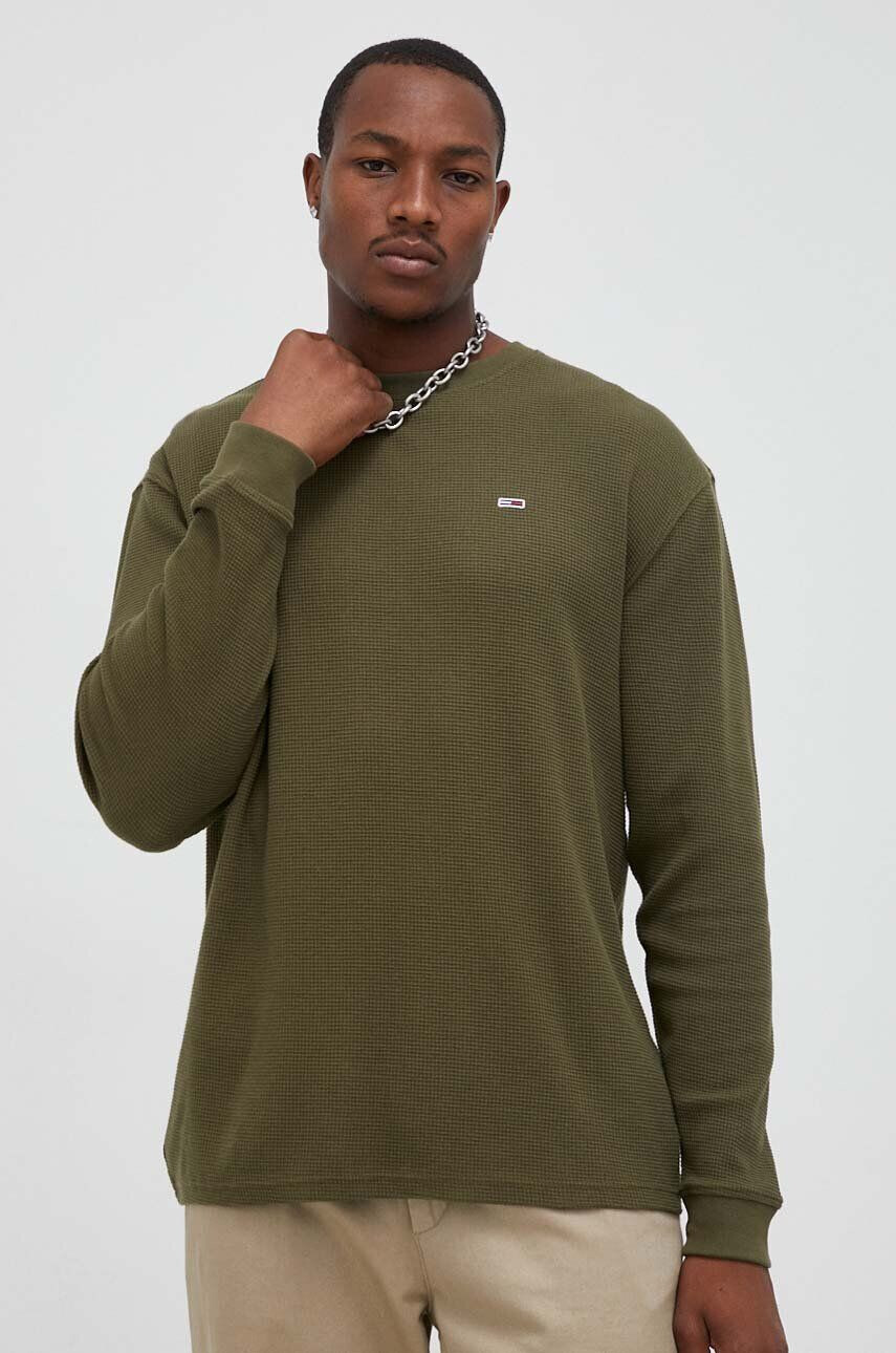 Tommy Jeans longsleeve din bumbac culoarea verde neted - Pled.ro