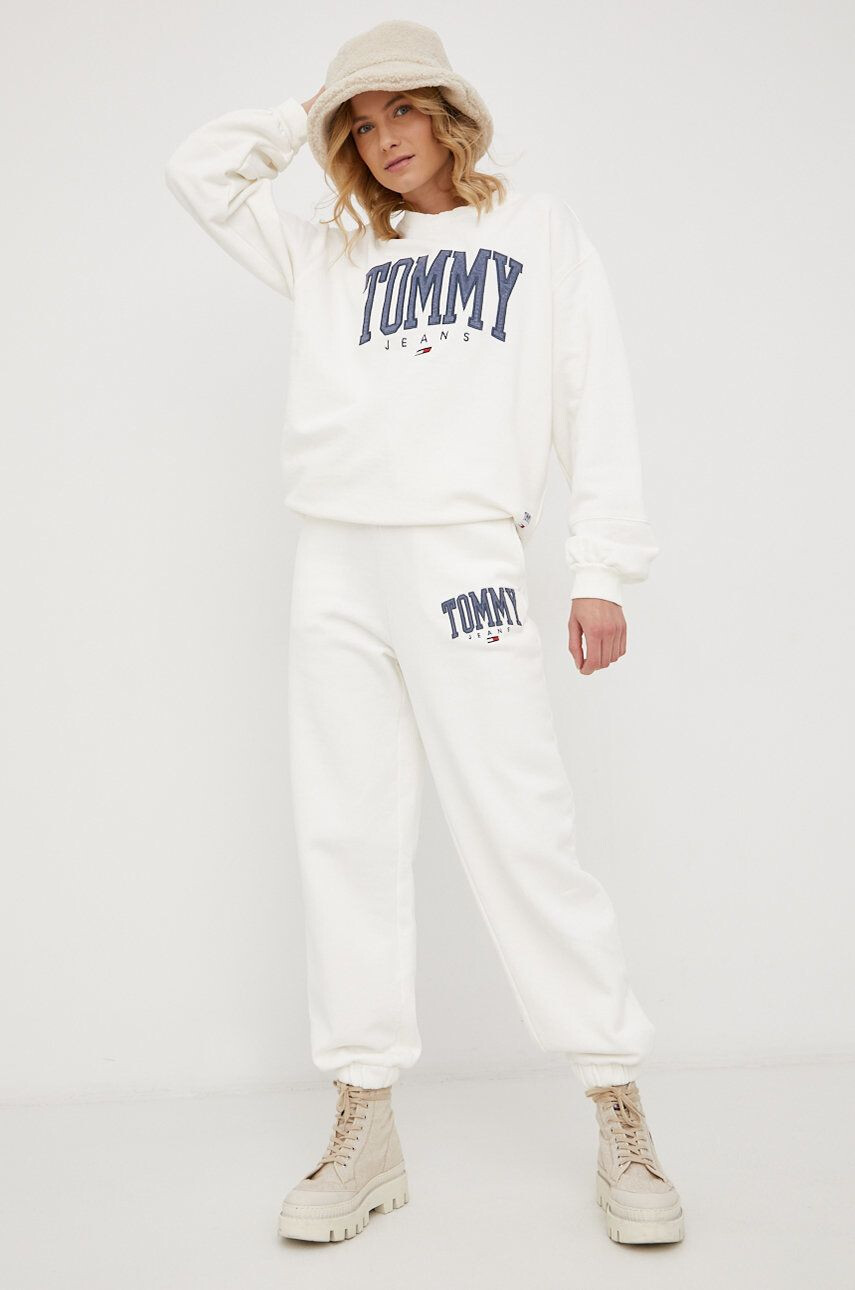 Tommy Jeans Pantaloni femei culoarea alb cu imprimeu - Pled.ro