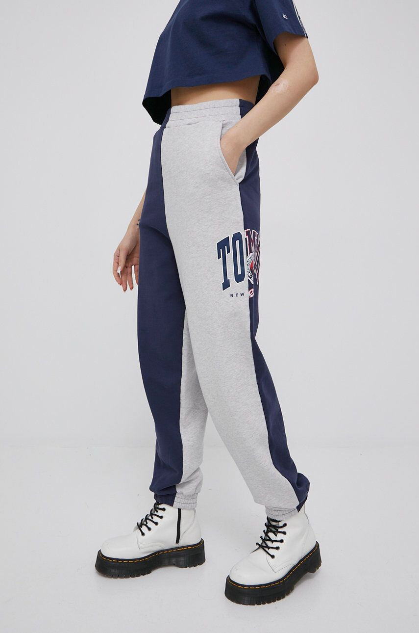 Tommy Jeans pantaloni de bumbac femei culoarea albastru marin melanj - Pled.ro