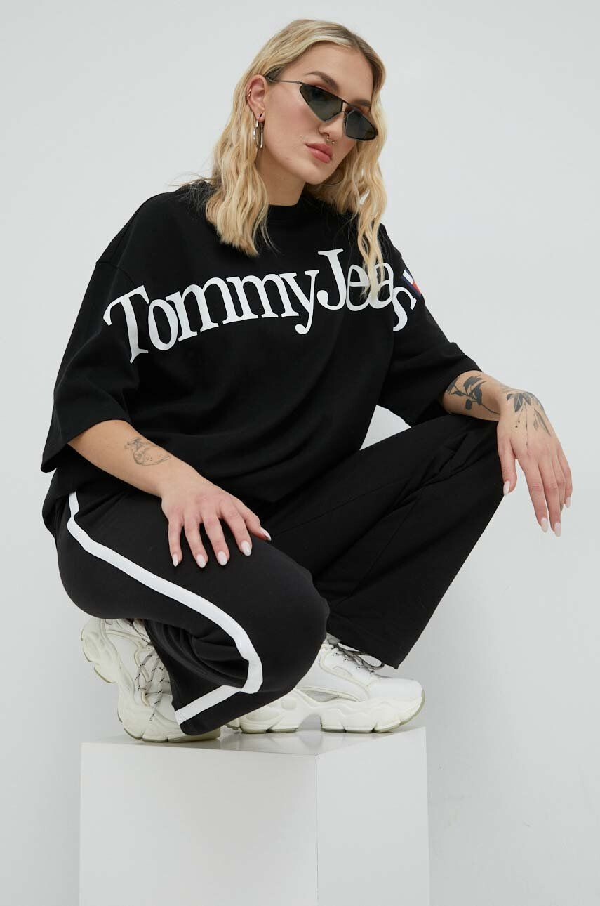 Tommy Jeans pantaloni de trening femei culoarea negru cu imprimeu - Pled.ro