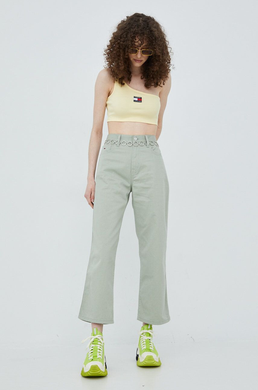 Tommy Jeans pantaloni din amestec de in Betsy femei culoarea verde lat high waist - Pled.ro