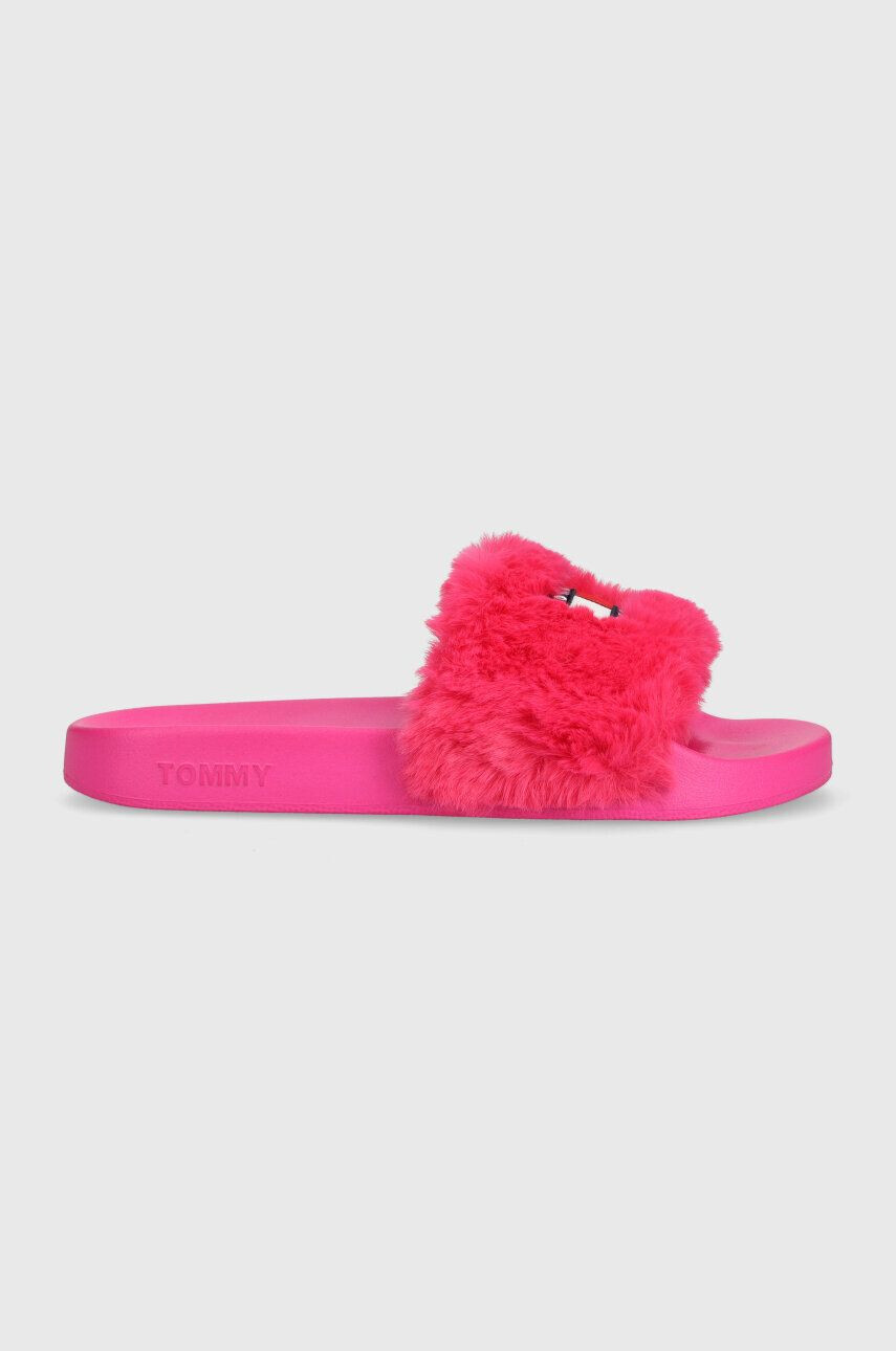 Tommy Jeans papuci TJW FUR POOL SLIDE femei culoarea roz EN0EN02410 - Pled.ro