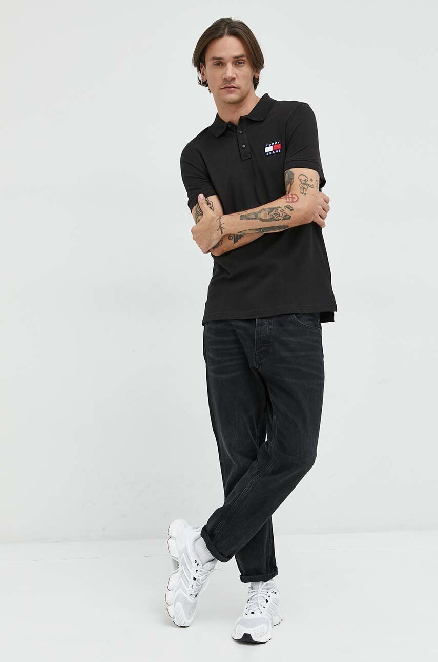 Tommy Jeans polo de bumbac culoarea negru cu imprimeu - Pled.ro