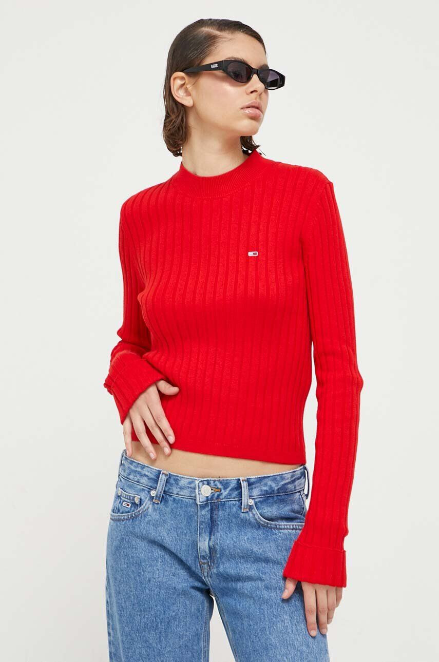 Tommy Jeans pulover de bumbac culoarea rosu light - Pled.ro