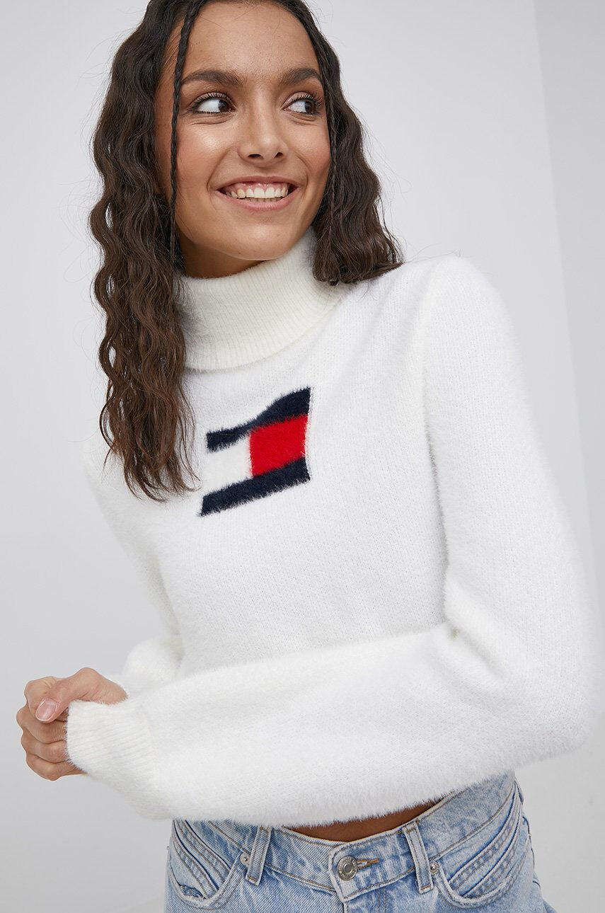 Tommy Jeans pulover din amestec de lana femei culoarea albastru marin cu turtleneck - Pled.ro