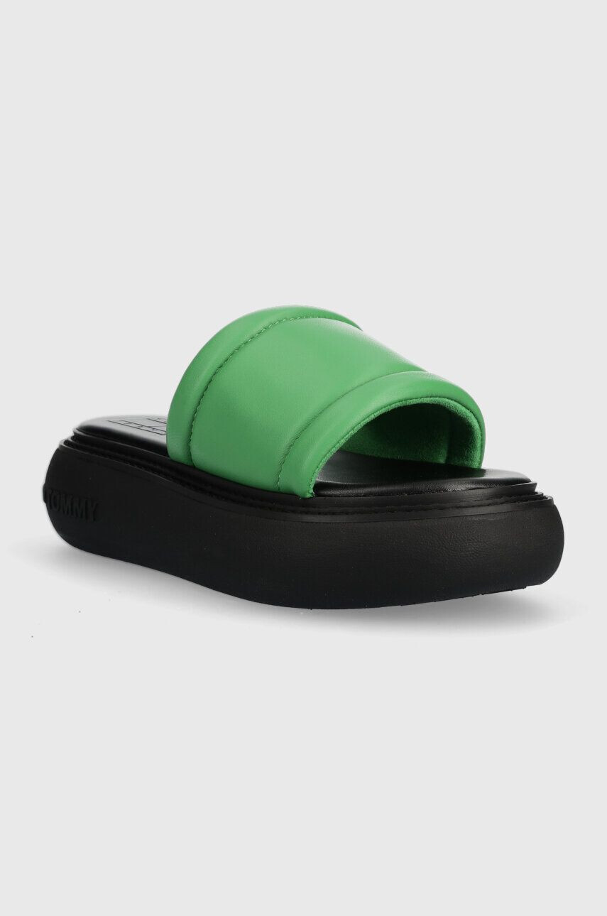 Tommy Jeans slapi de piele VOLUME SANDAL femei culoarea verde cu platforma EN0EN02076 - Pled.ro