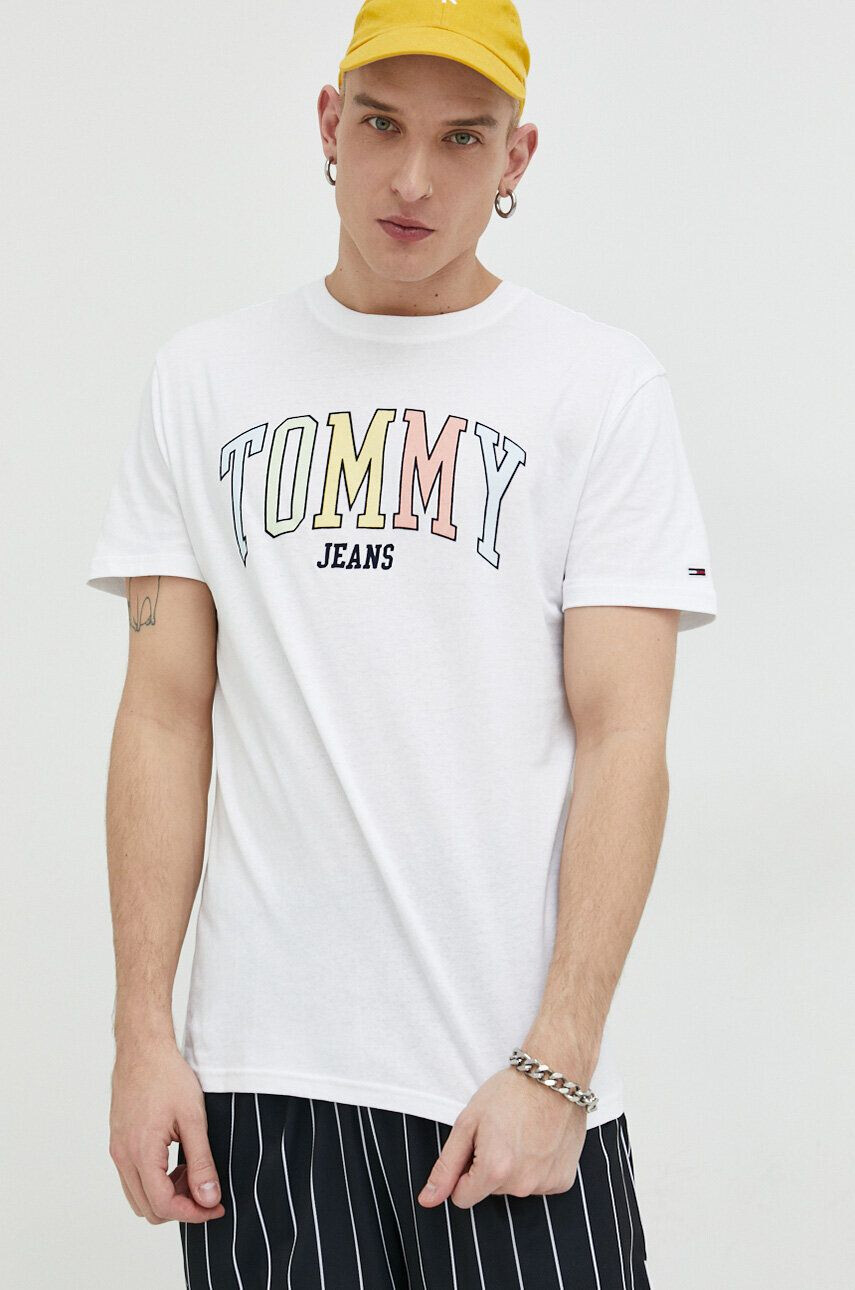 Tommy Jeans tricou din bumbac culoarea alb cu imprimeu - Pled.ro