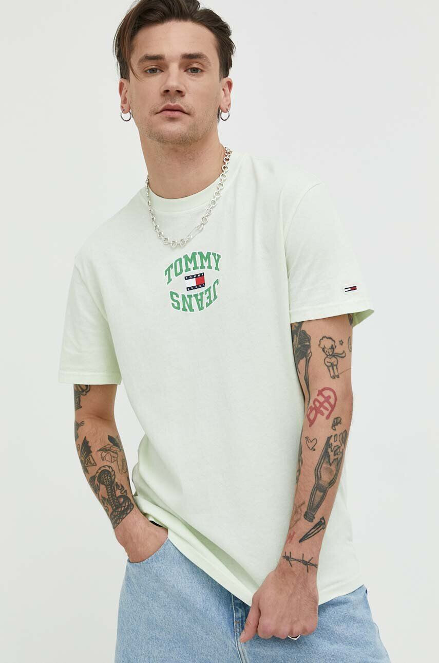 Tommy Jeans tricou din bumbac culoarea verde cu imprimeu - Pled.ro