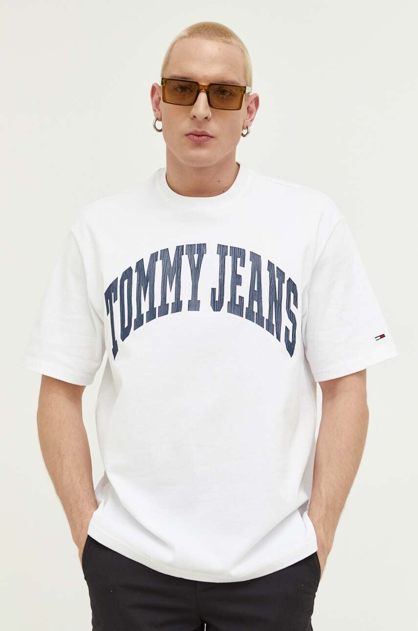 Tommy Jeans tricou din bumbac culoarea bej cu imprimeu - Pled.ro