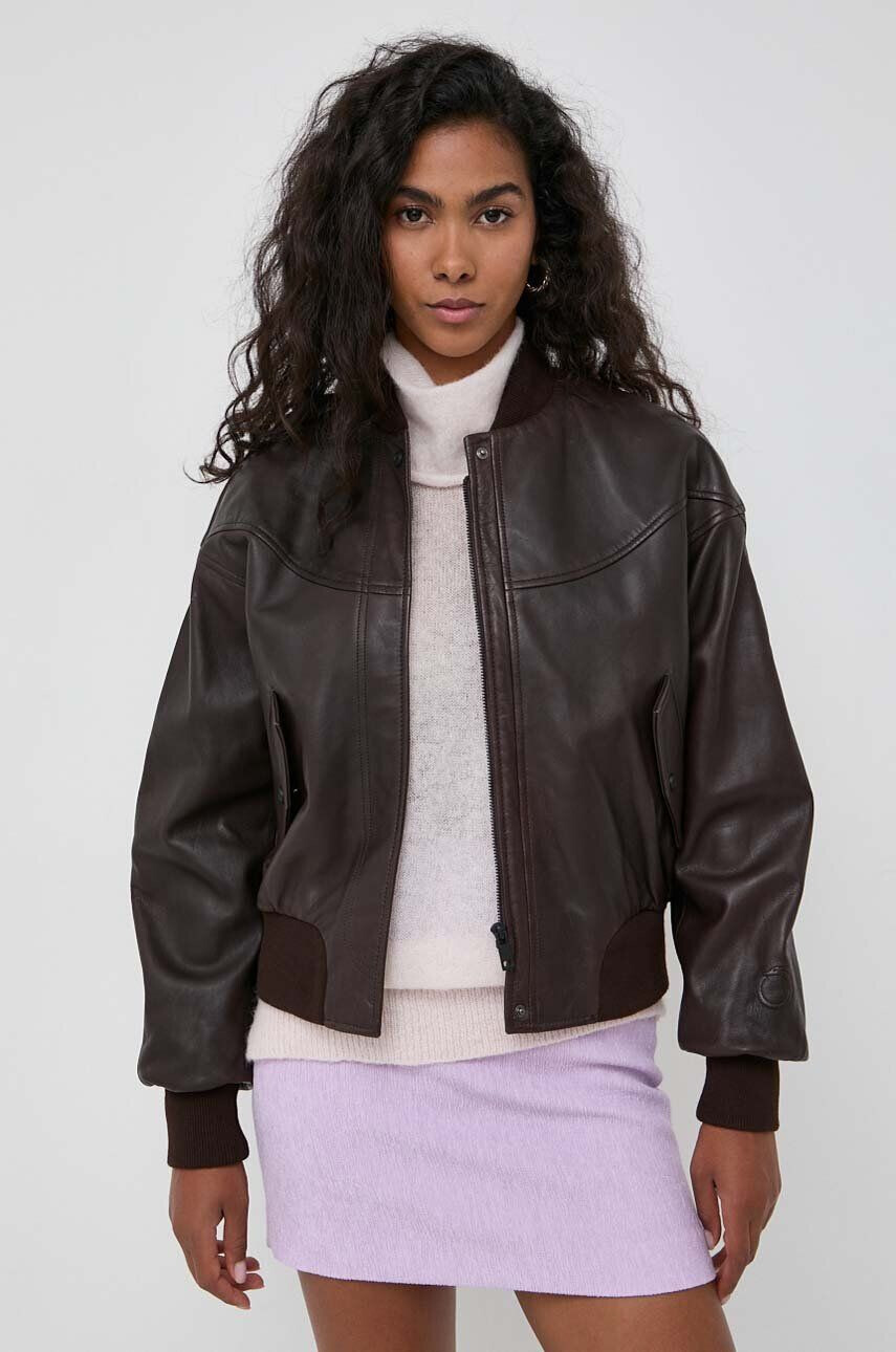 Trussardi geaca bomber de piele femei culoarea maro de tranzitie - Pled.ro