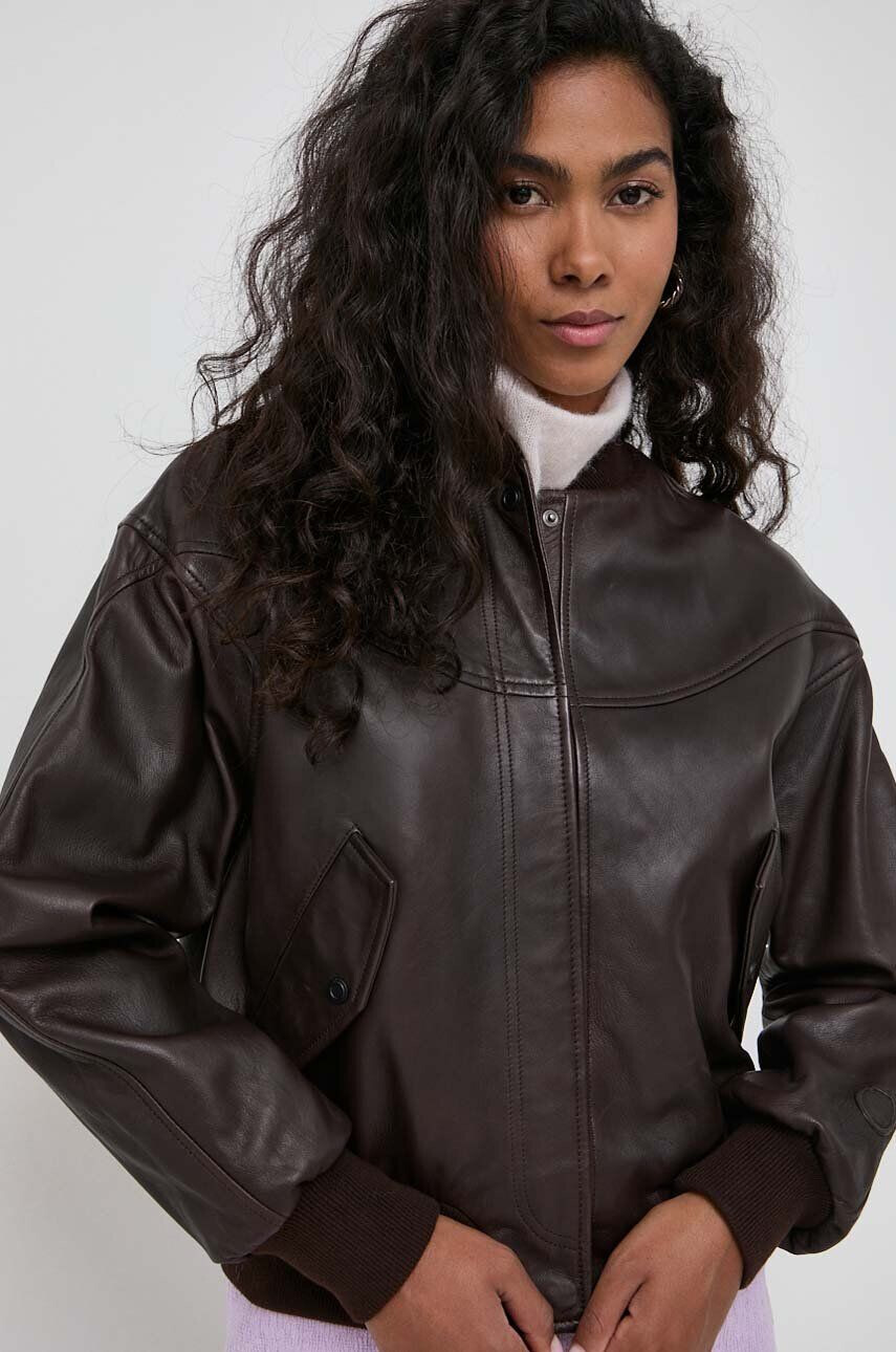 Trussardi geaca bomber de piele femei culoarea maro de tranzitie - Pled.ro