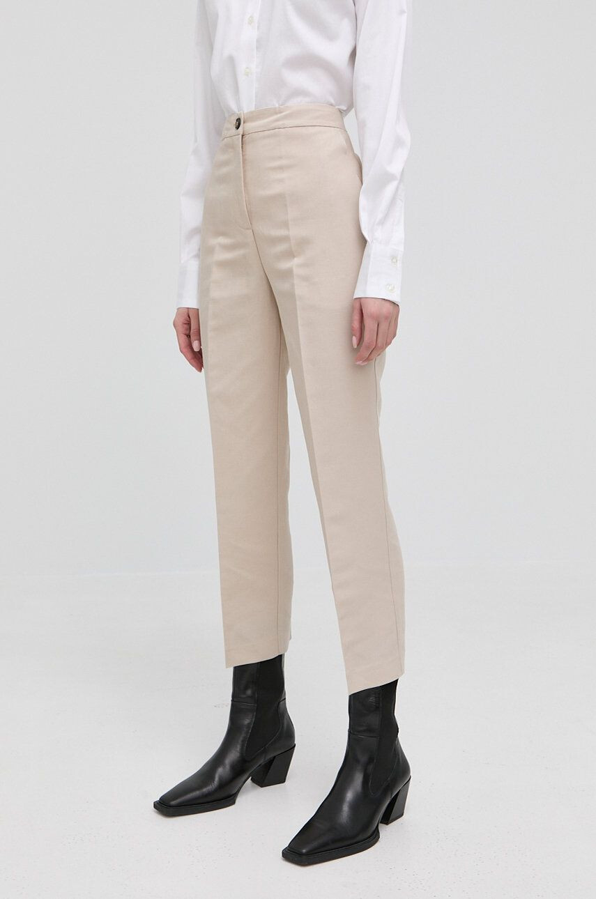 Trussardi pantaloni din in femei culoarea albastru marin fason tigareta high waist - Pled.ro