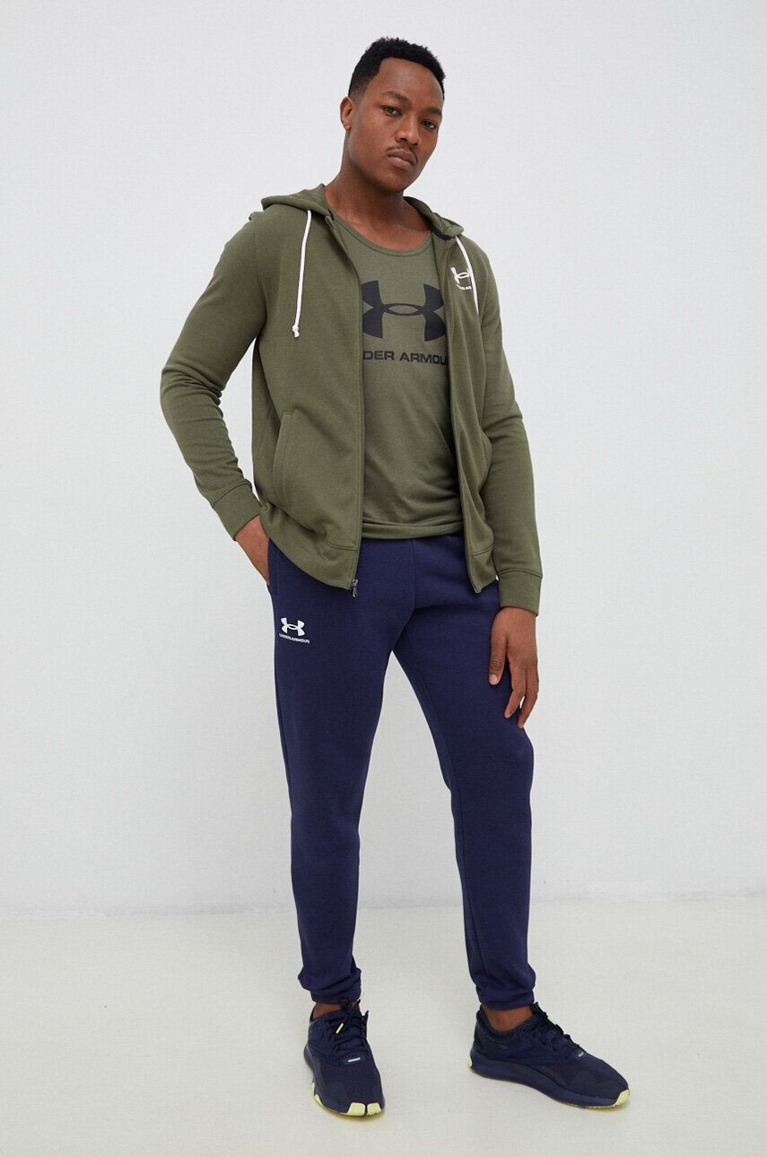 Under Armour bluza barbati culoarea verde cu glugă neted - Pled.ro