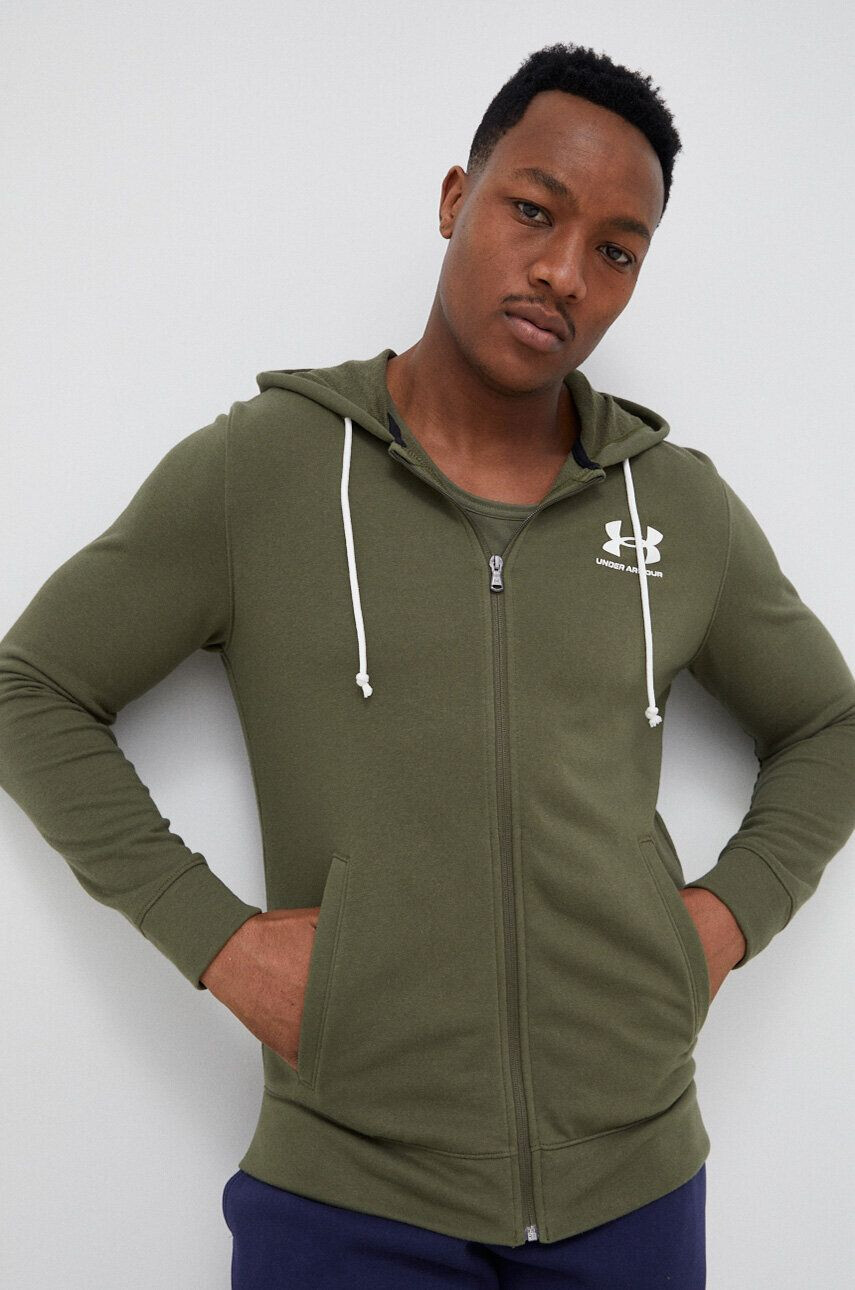 Under Armour bluza barbati culoarea verde cu glugă neted - Pled.ro