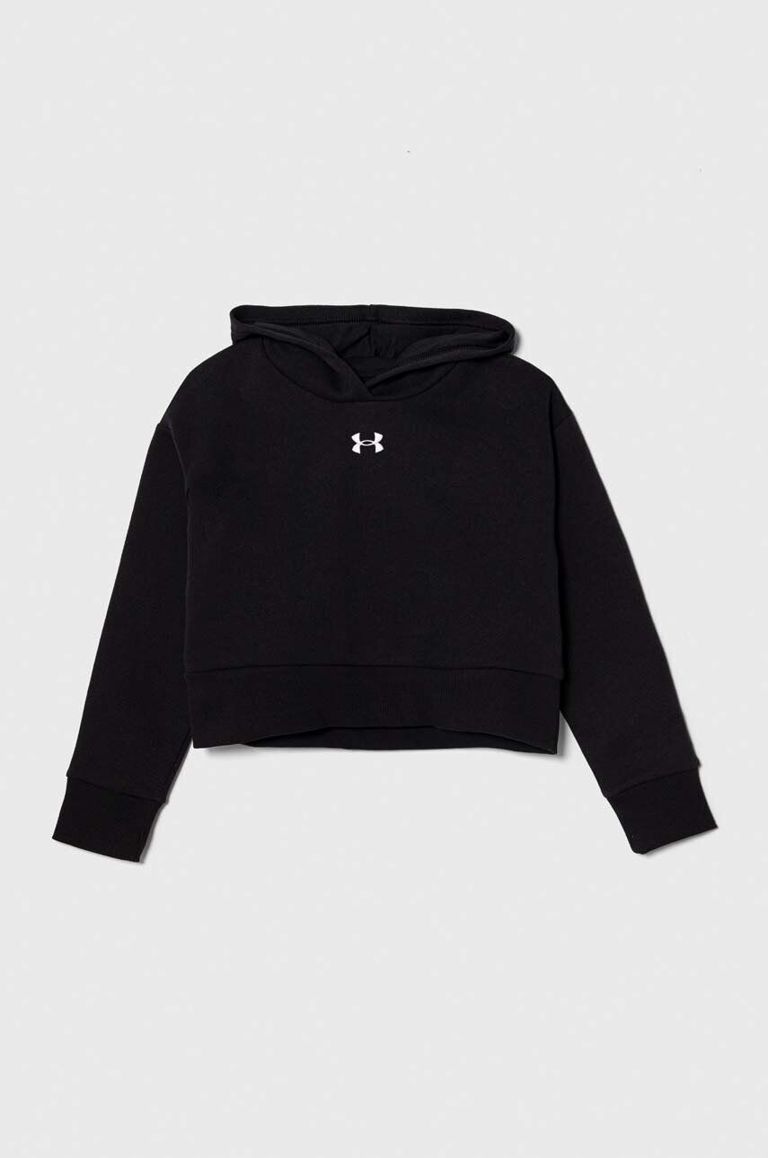 Under Armour bluza copii UA Rival Fleece Crop culoarea negru cu glugă cu imprimeu - Pled.ro