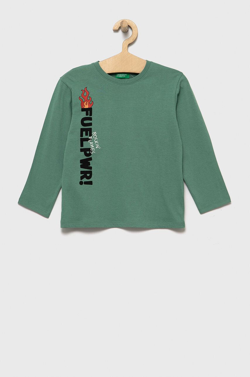 United Colors of Benetton longsleeve din bumbac pentru copii culoarea verde cu imprimeu - Pled.ro